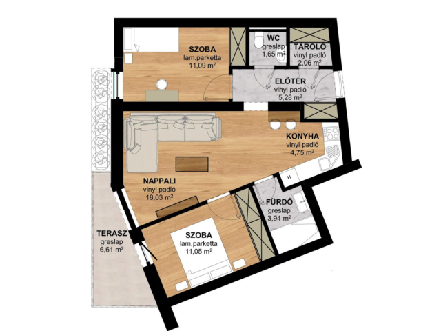 Újépítésű, nappali+2 hálószobás, teraszos lakás (58+6,6 m²)